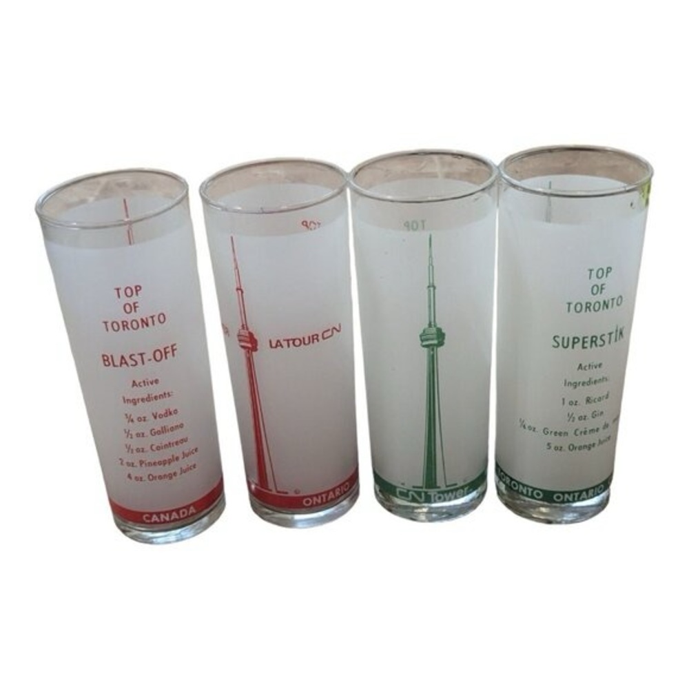 6 Frosted Drink Glasses CN Tower Top Of Toronto Red Green Set 4